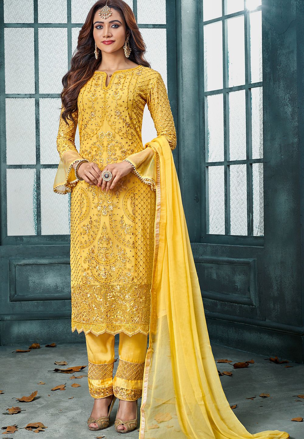 Silk Base Yellow Pant Style Suit with Dupatta