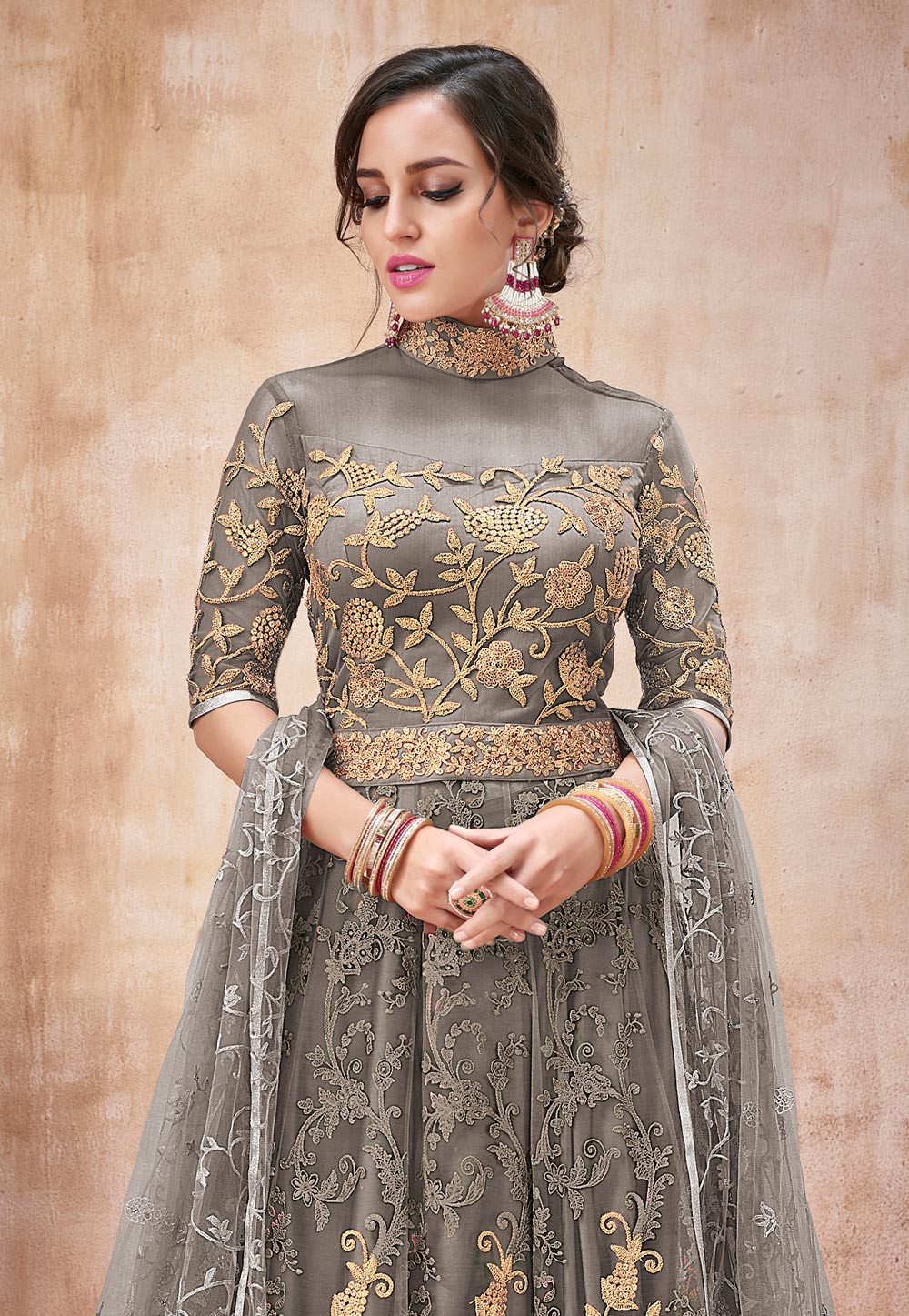 Gray Net Long Anarkali Suit 16025c