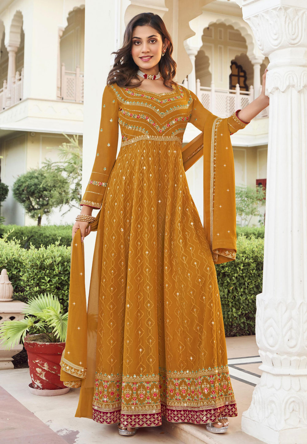 Georgette Full Stitched Mustard Color Designer Palazzo Suit With Pleated  Dupatta Straight