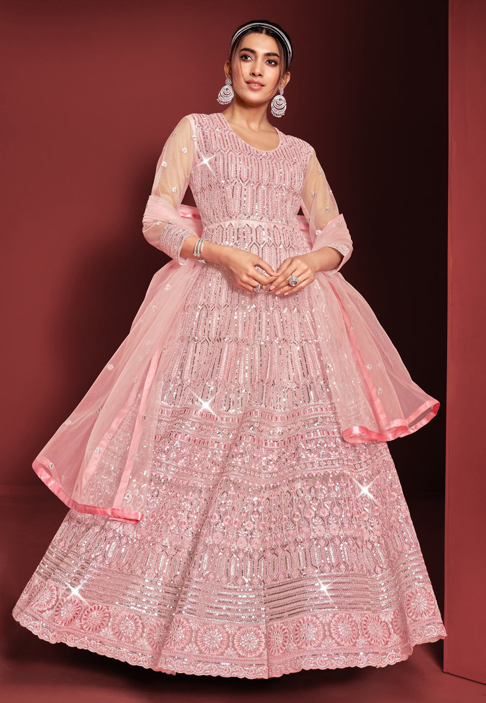 Pink net abaya style clearance anarkali suit