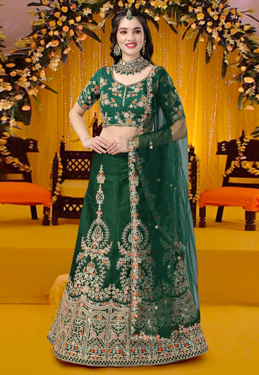 Bottle Green Floral Printed Lehenga Set with Embroidered Blouse and Gold  Embellishments - Seasons India