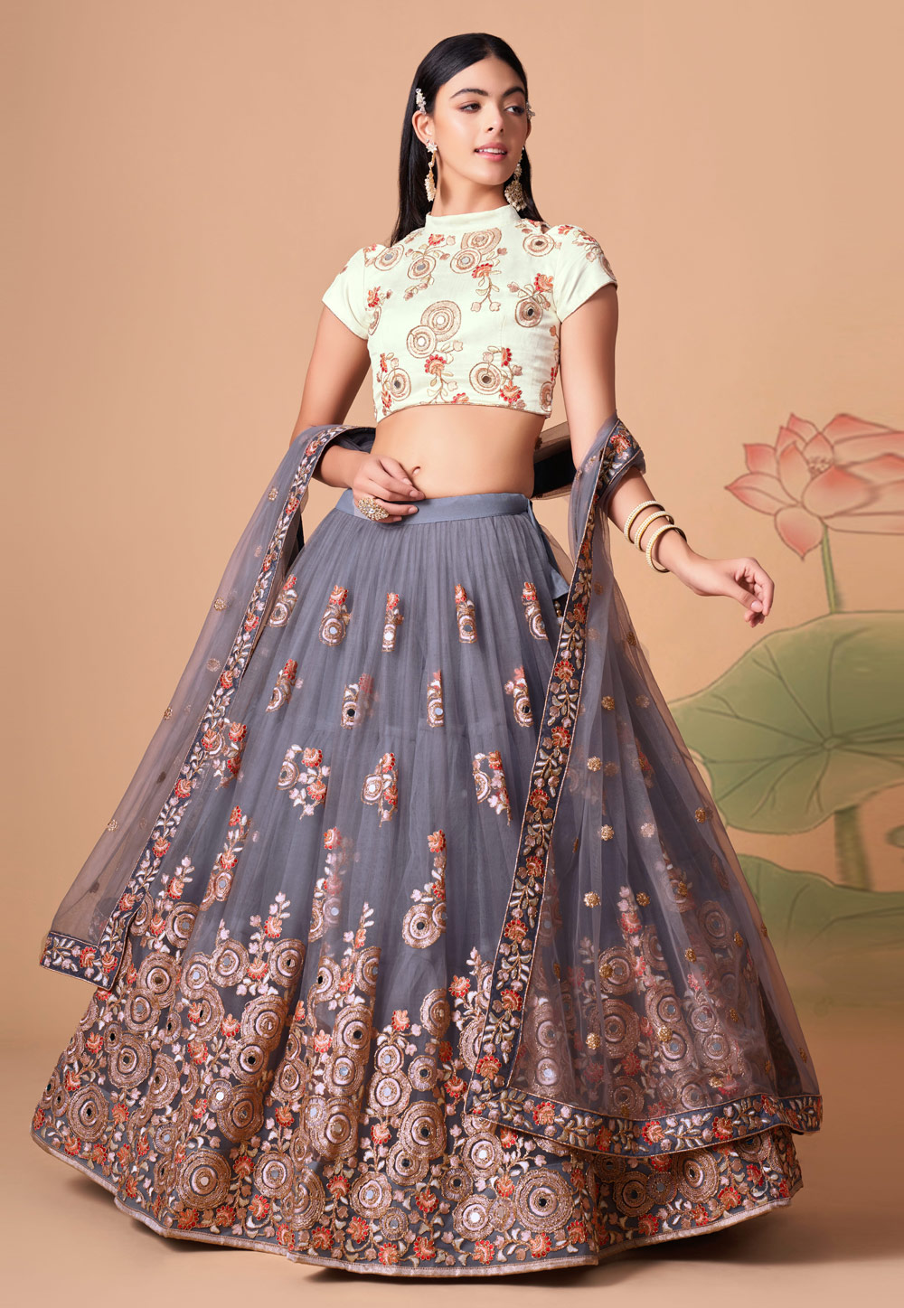 STEEL GREY LEHENGA SET WITH A HAND EMBROIDERED BLOUSE AND A LACE SEQUIN  WORK SKIRT PAIRED WITH A MATCHING DUPATTA AND TASSELS. - Seasons India