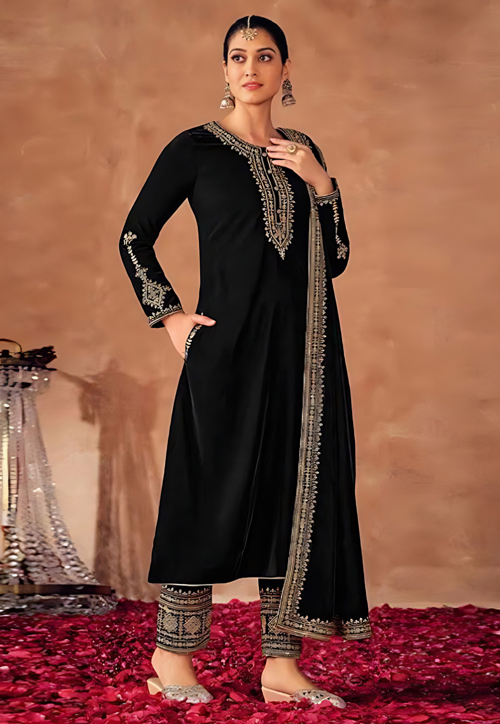 Palazzo Suits : Black velvet embroidery work party wear palazzo