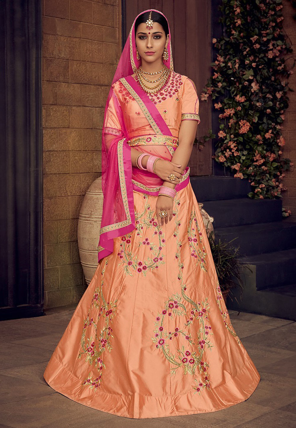 Peach Silk Embroidered Lehenga Choli 3231 