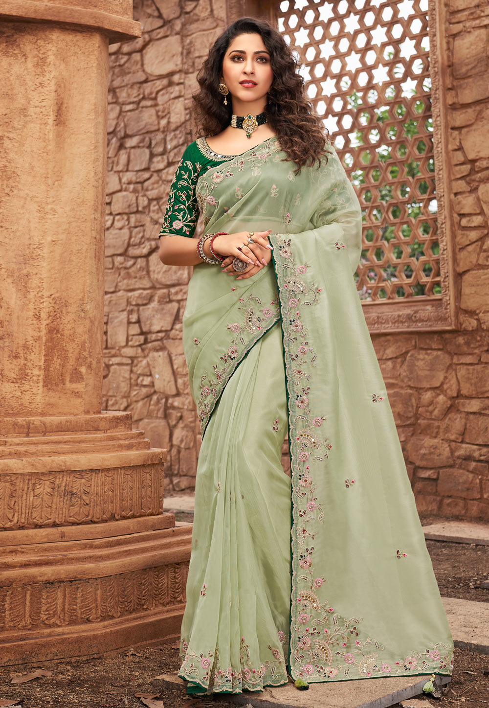 Shop Pista Green Zari Weaving Dola Silk Reception Wear Saree From Ethnic  Plus