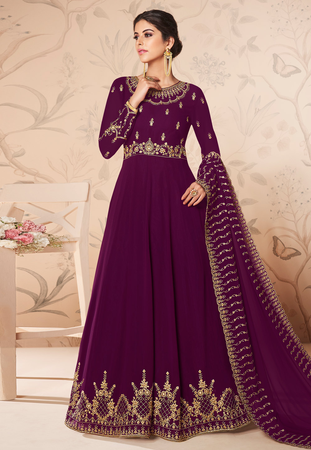 Purple georgette embroidered long anarkali suit 8307