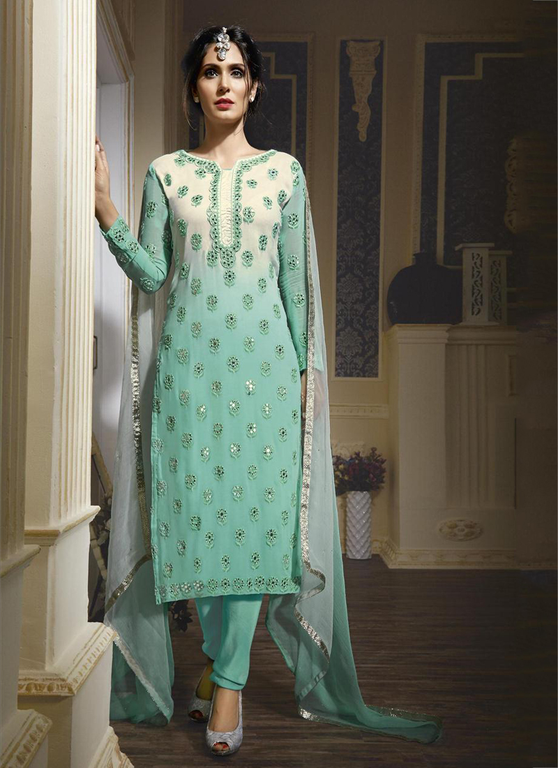 Buy Firozi colour georgette party wear straight cut salwar kameez in UK ...