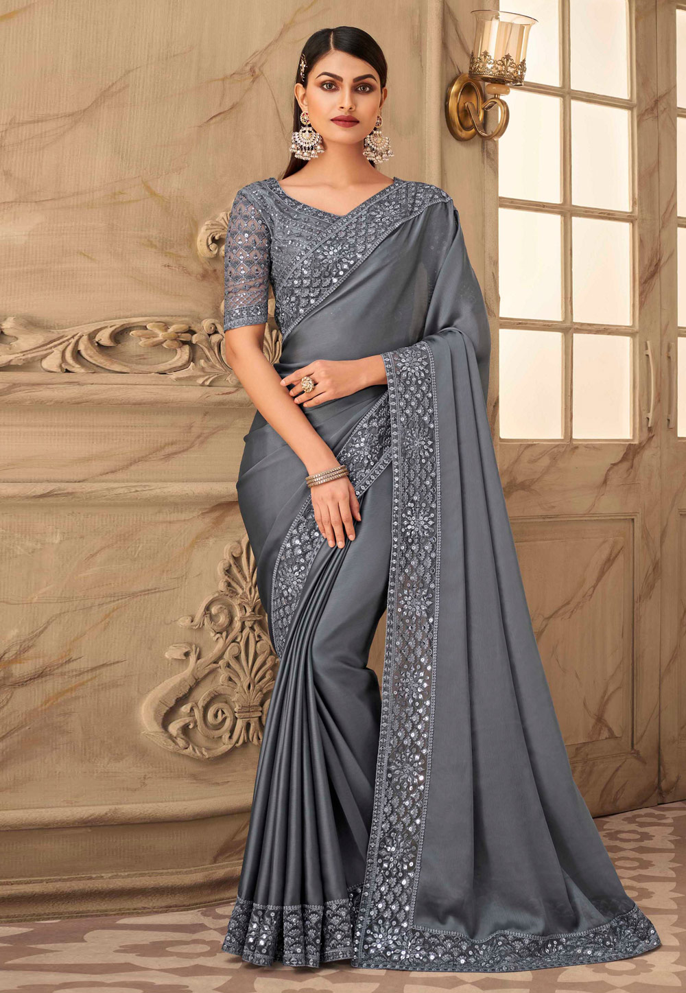 Grey silk saree with blouse 6313