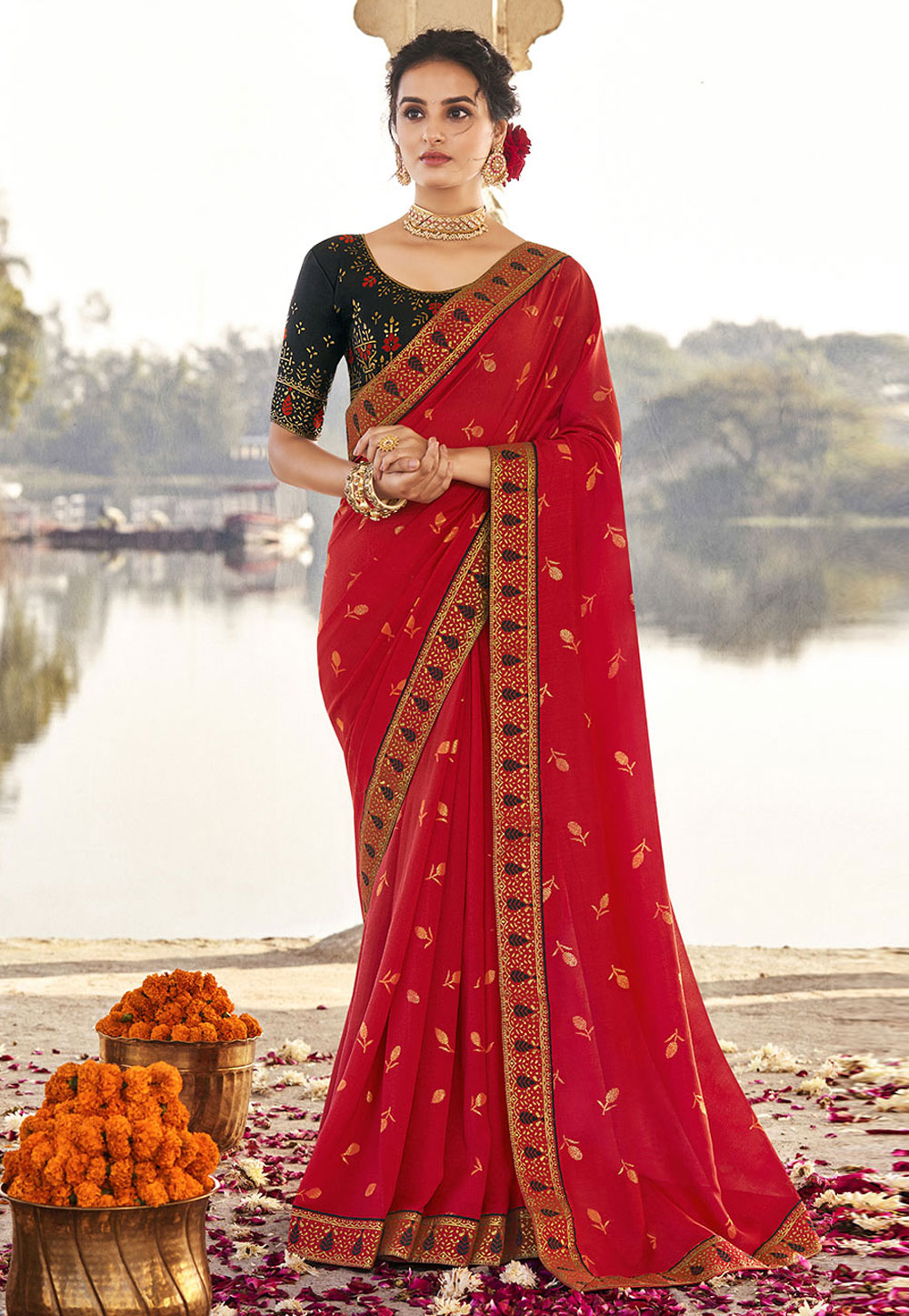 Ruby Red Designer Embroidered Georgette Party Wear Saree | Saira's Boutique