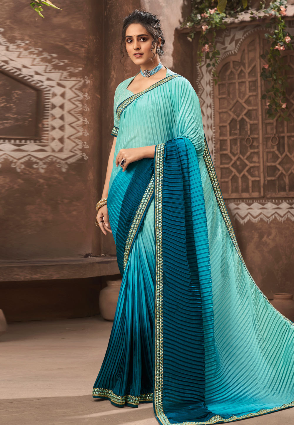 Anjana Sky Blue Kanchipuram Half Saree – Zariknyaa