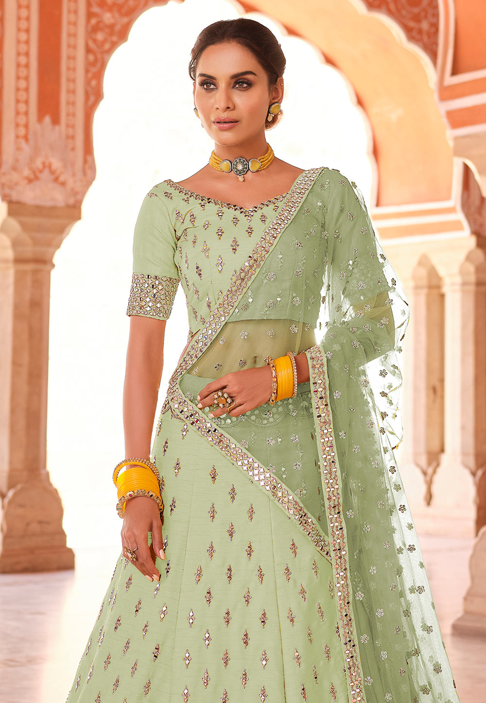 Green Color Embellished Designer Lehenga Choli - Rent