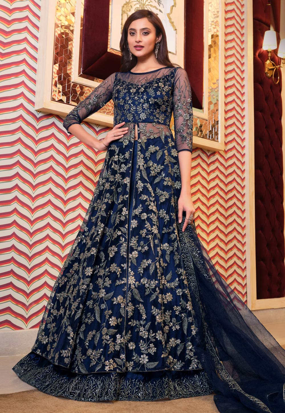 Denim Blue Chinon Silk Stylish Party Wear Lehenga Choli Online FABANZA