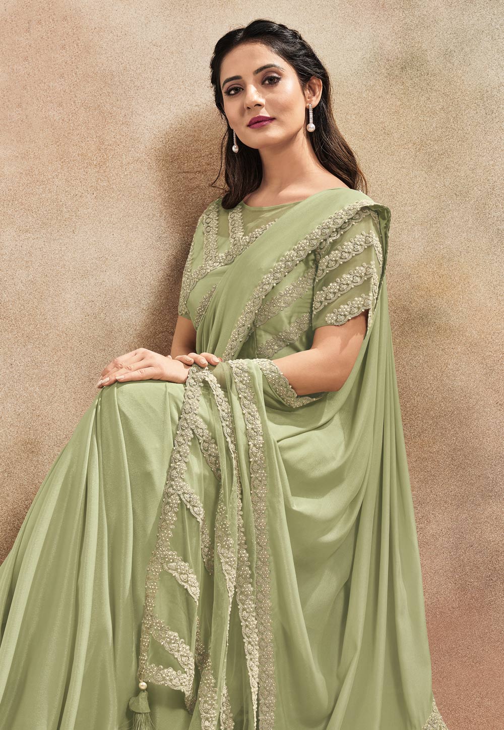 Pastel Pista Green Tissue Kanjivaram Silk Handloom Saree | Singhania's