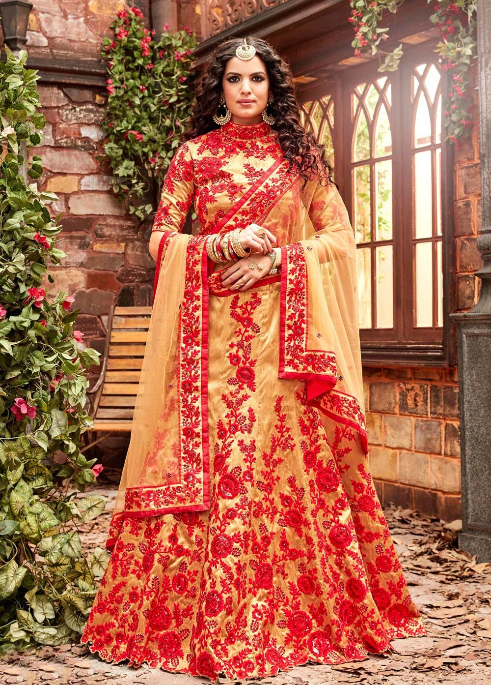 Buy Gold and red silk wedding lehenga choli in UK, USA and Canada