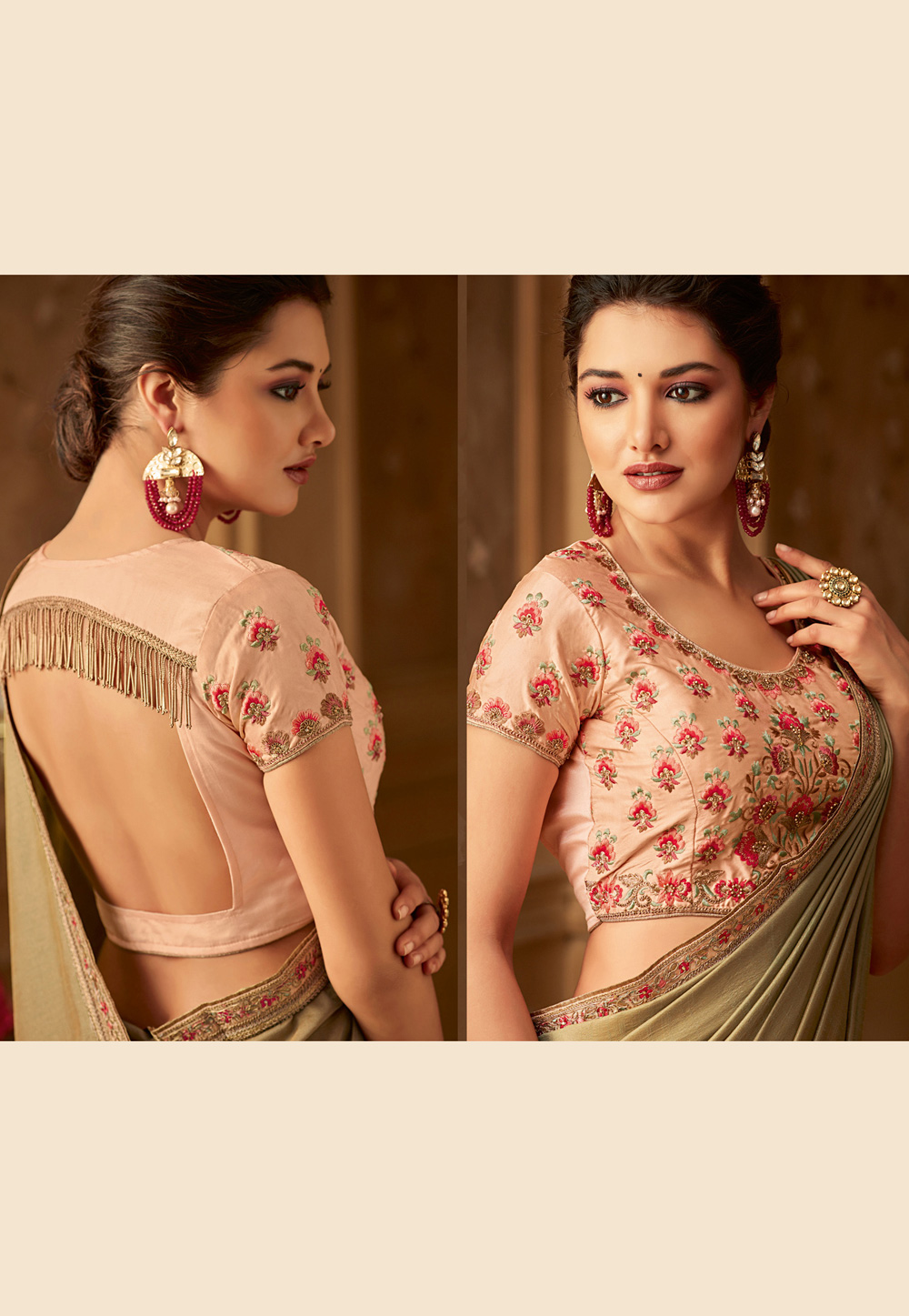 Beige silk embroidered saree with blouse 514