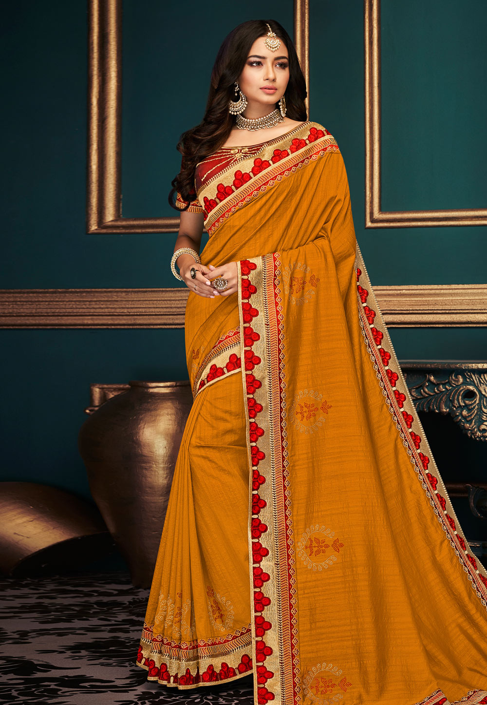 Mustard silk embroidered saree with blouse 10608