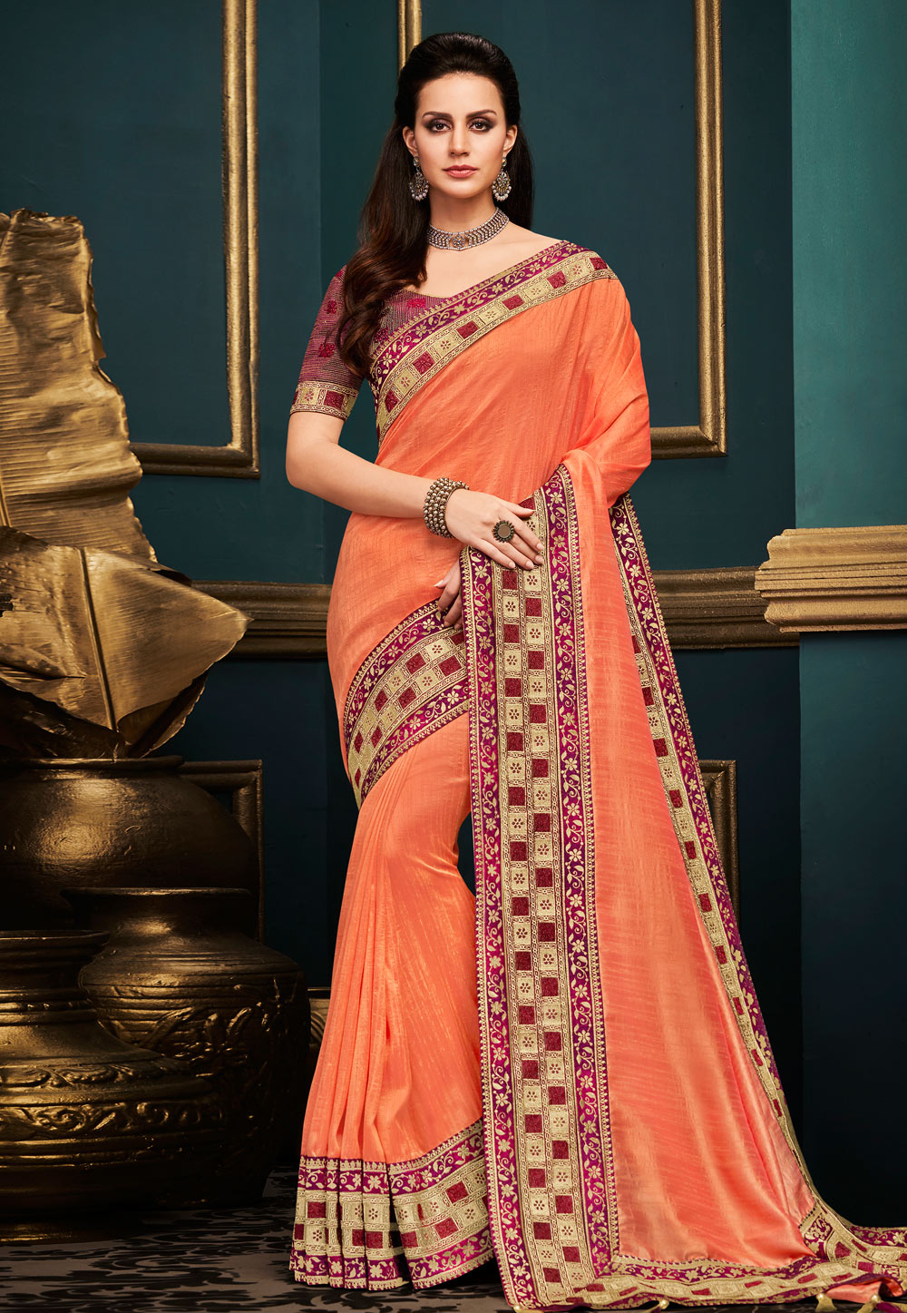 Orange silk embroidered festival wear saree 10605