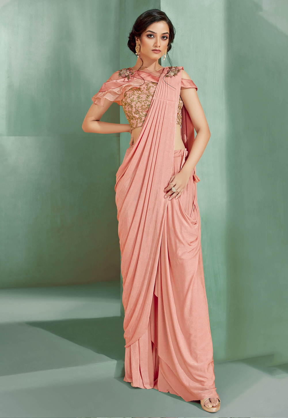 Pink lycra draped party wear saree 5314