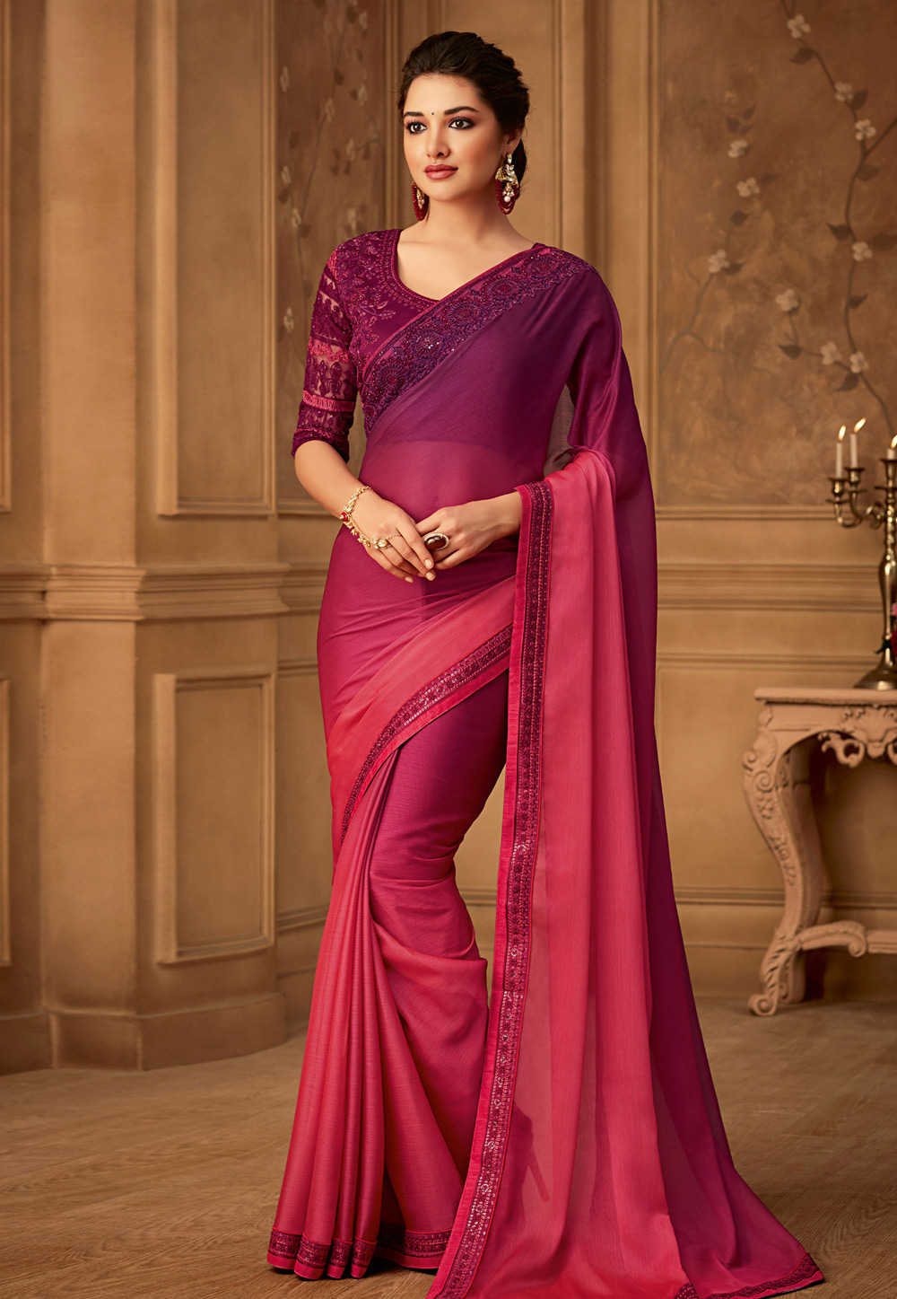 Pink silk embroidered saree with blouse 516