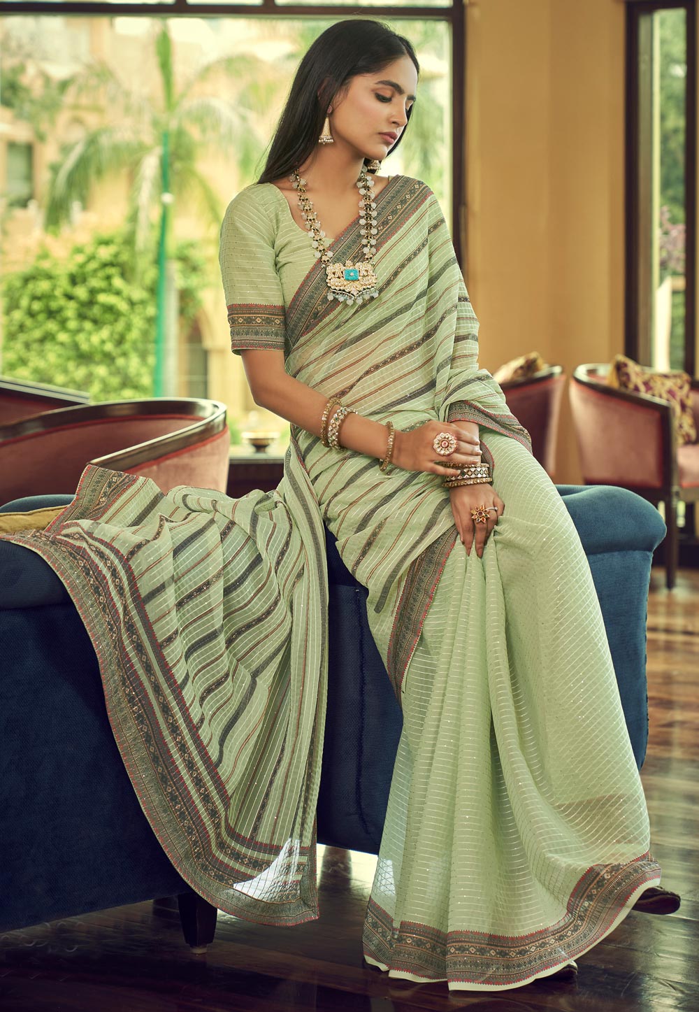 Ruby Silk Saree In Light Green Color With smoke print & fancy swarovski -  Spegrow Mart