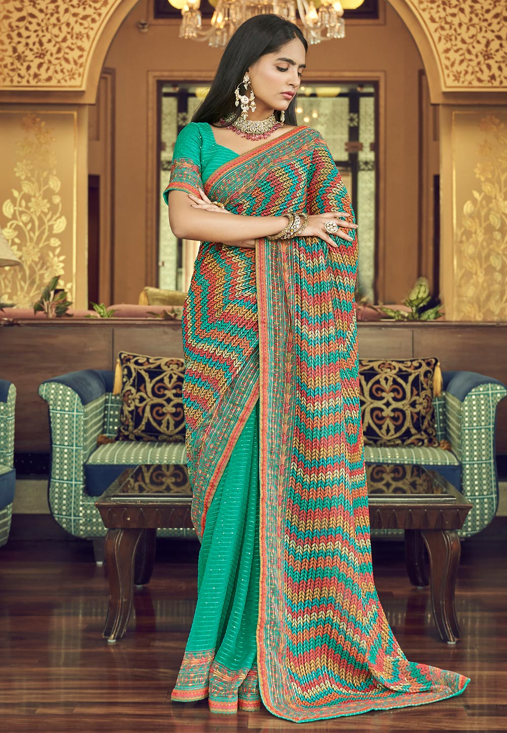 Banarasee Handloom Pure Chiniya Silk Saree With Zari Work & Contrast B