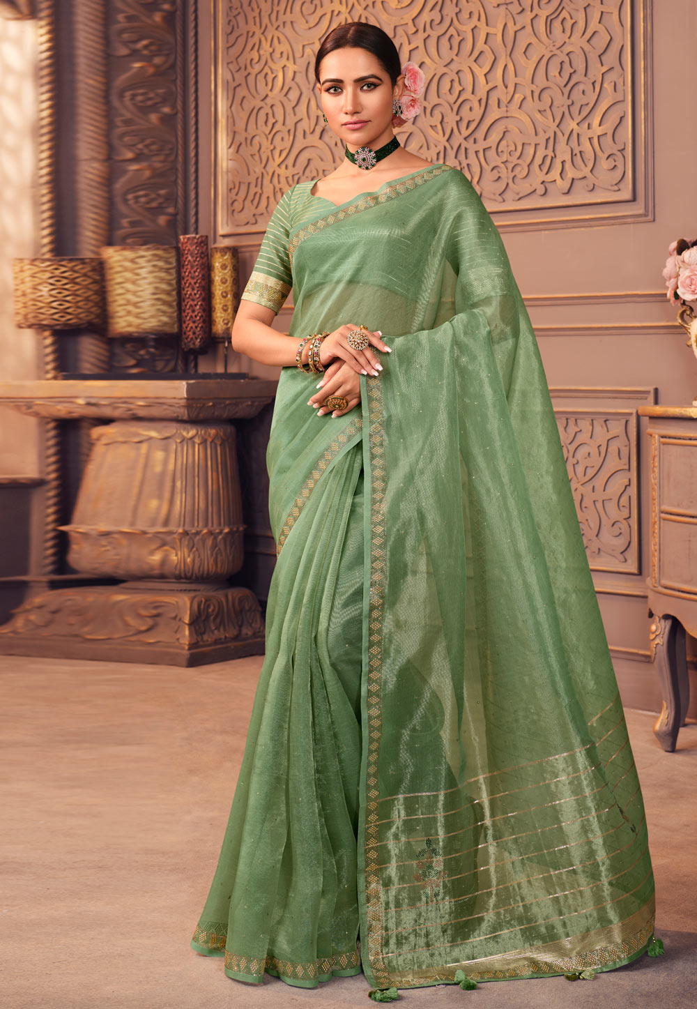 Green organza saree with blouse 21013