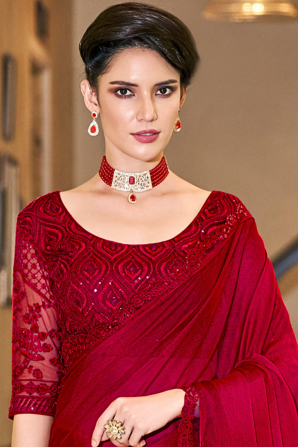 Glam Silk Saree with blouse in red color