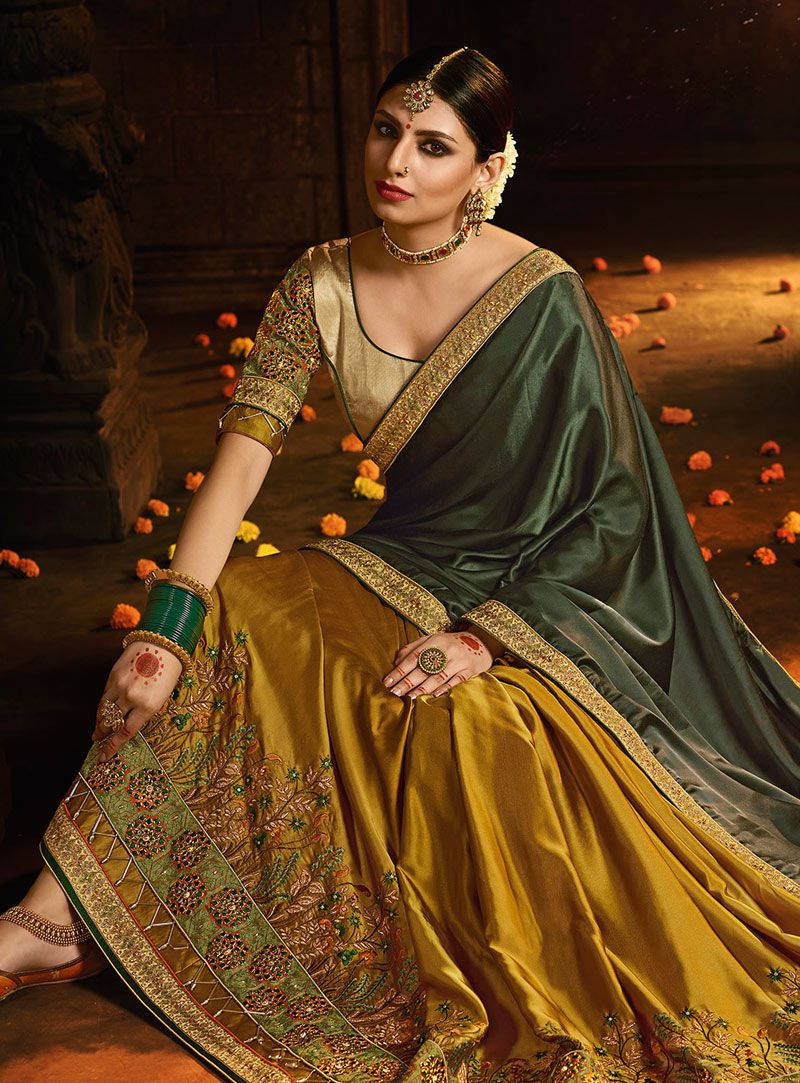 Buy Mustuard and green satin silk designer party wear saree in UK, USA ...
