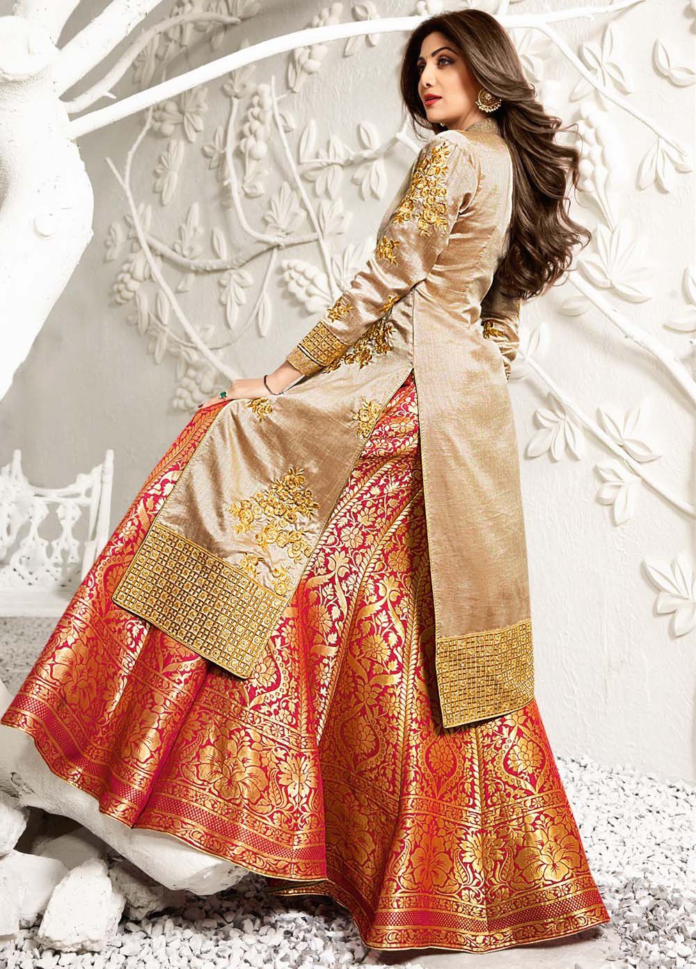 Buy Shilpa Shetty Golden Beige And Red Color Raw Silk Party Wear