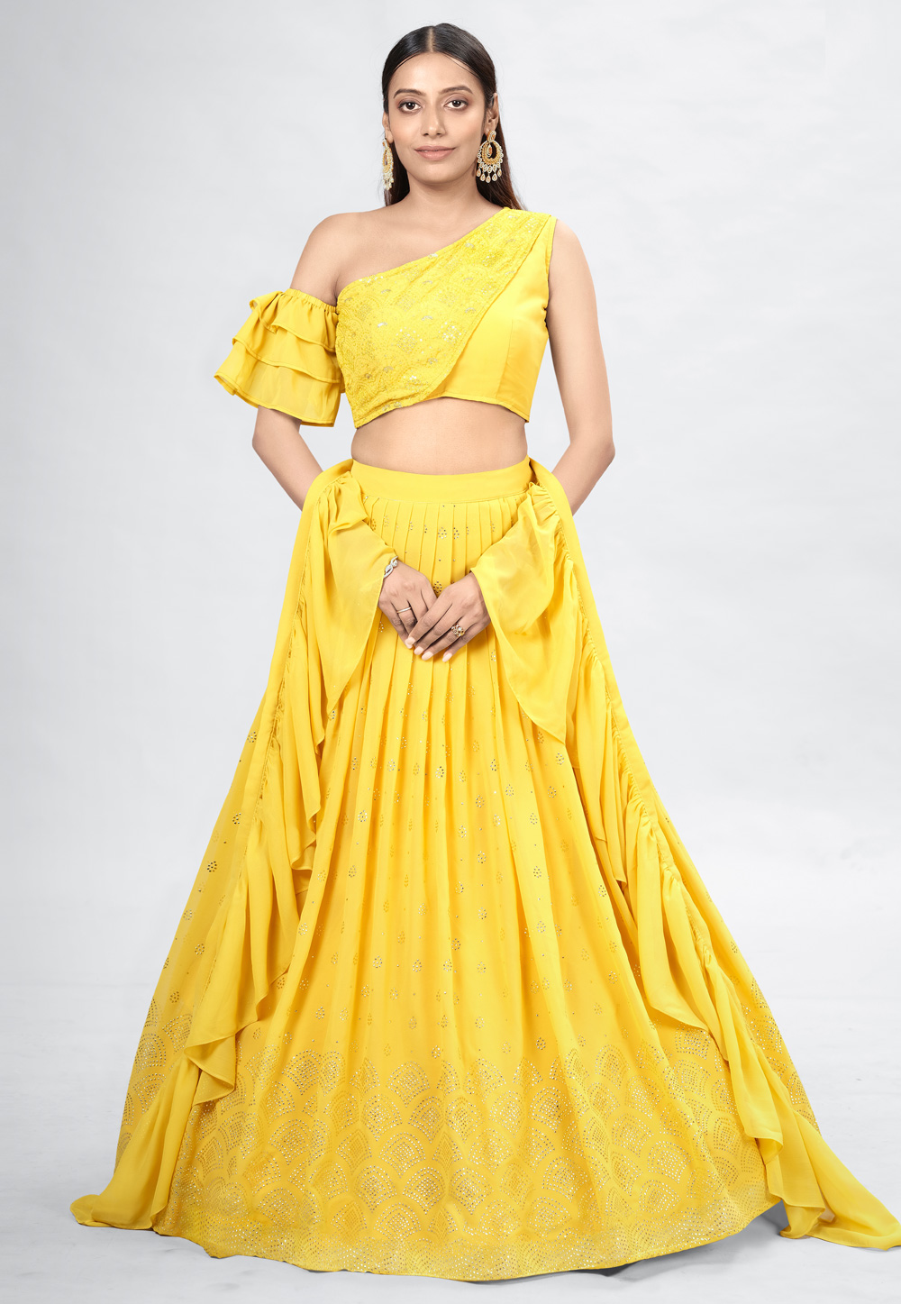 Pastel Yellow Buti Work Lehenga with Coloured Embroidered Blouse - Seasons  India