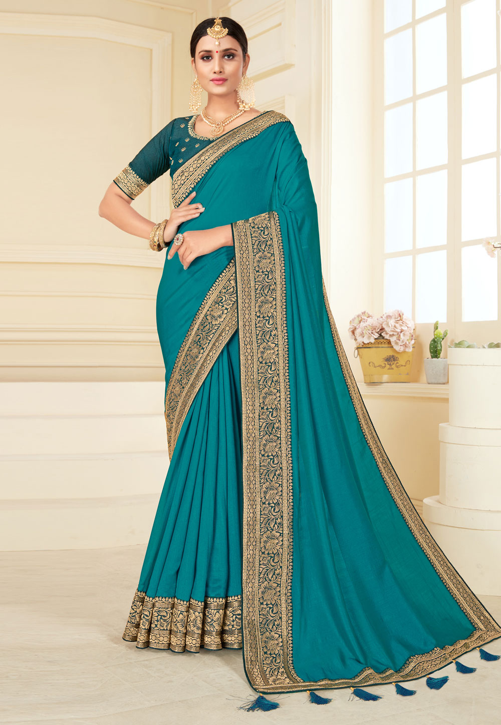 Turquoise silk festival wear saree 1704