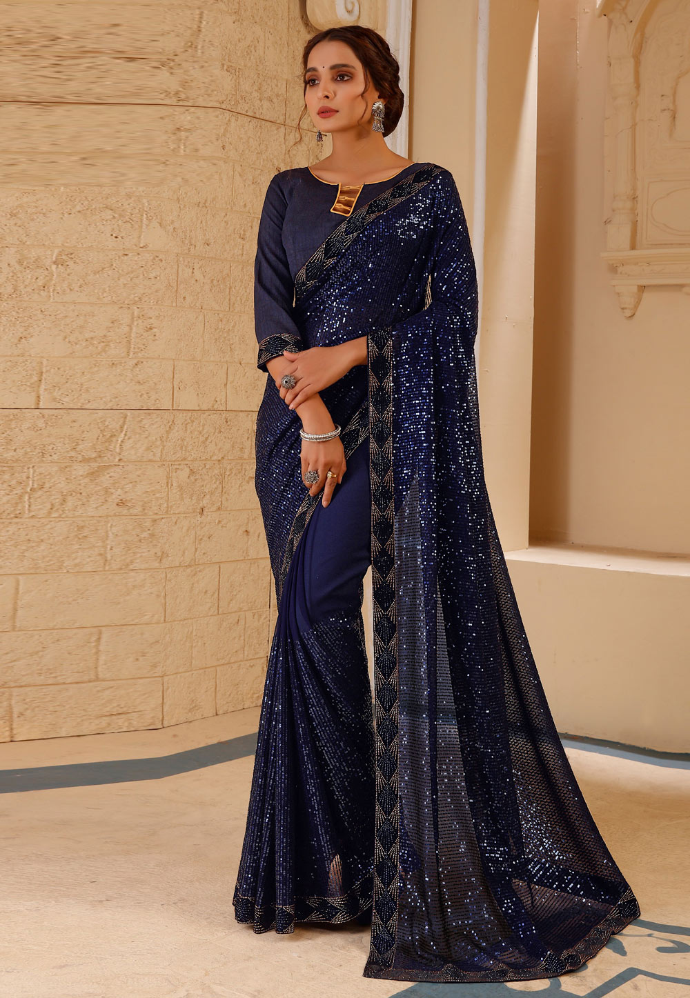 Buy Navy Blue Chiffon Embroidered Party Wear Saree | Party Wear Sarees