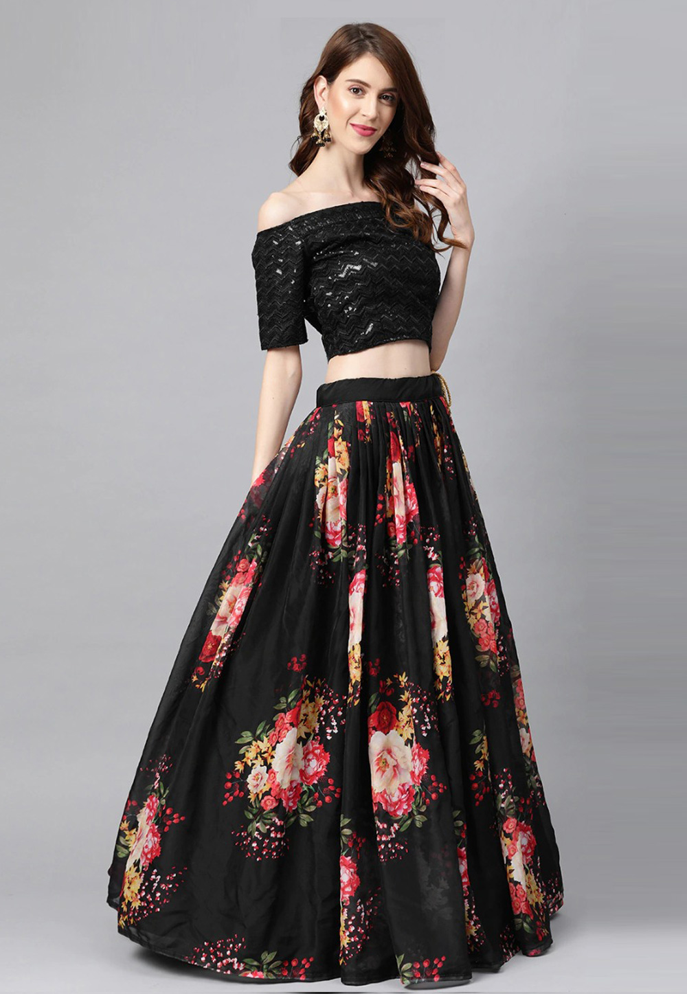 Black Organza Floral Lehenga Choli 1004p