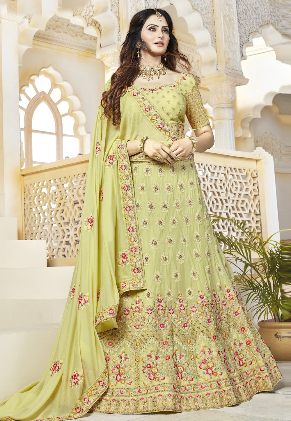 Buy Enthralling Pista Green Net Festive Lehenga Choli Online – Inddus.com