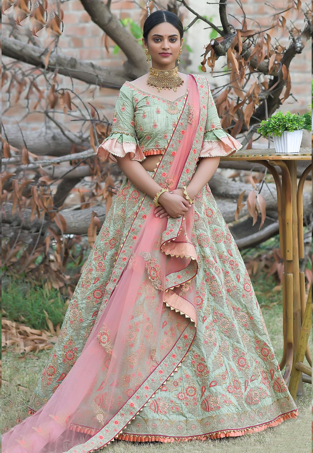 Pista Green Gota Patti Work Lehenga Choli With Pink Net Embroidered Du –  Mehak Boutique