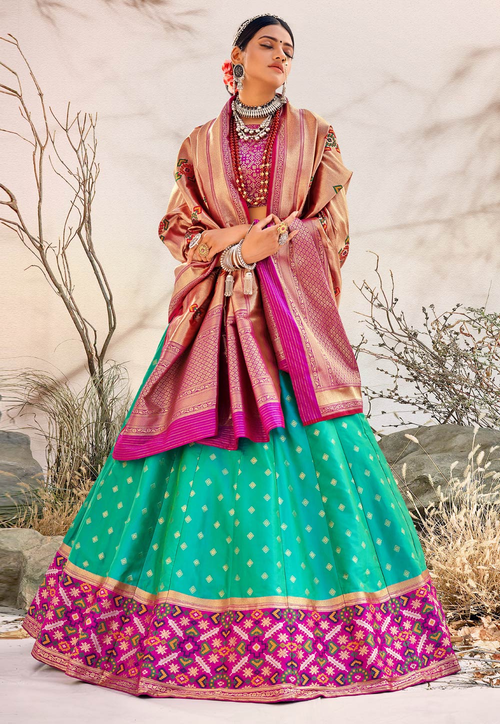 Buy Pink And Mint Green Georgette Lehenga For Women Online - Frontierraas