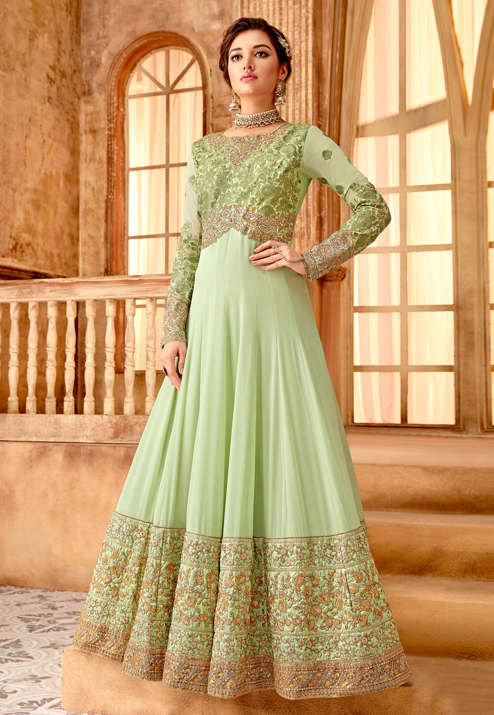 Light green georgette embroidered abaya style anarkali suit 7092