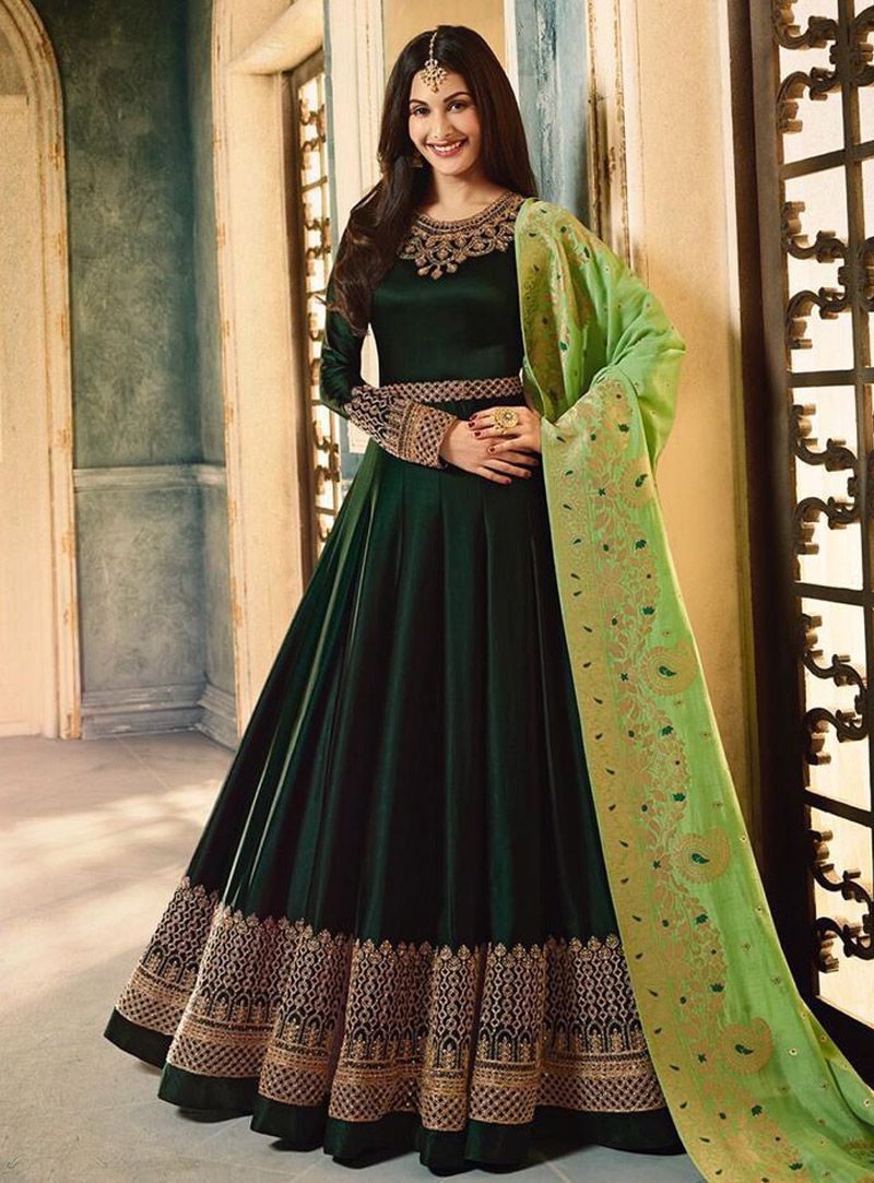 Buy Amyra Dastur Bottle green color georgette wedding wear Anarkali in UK,  USA and Canada