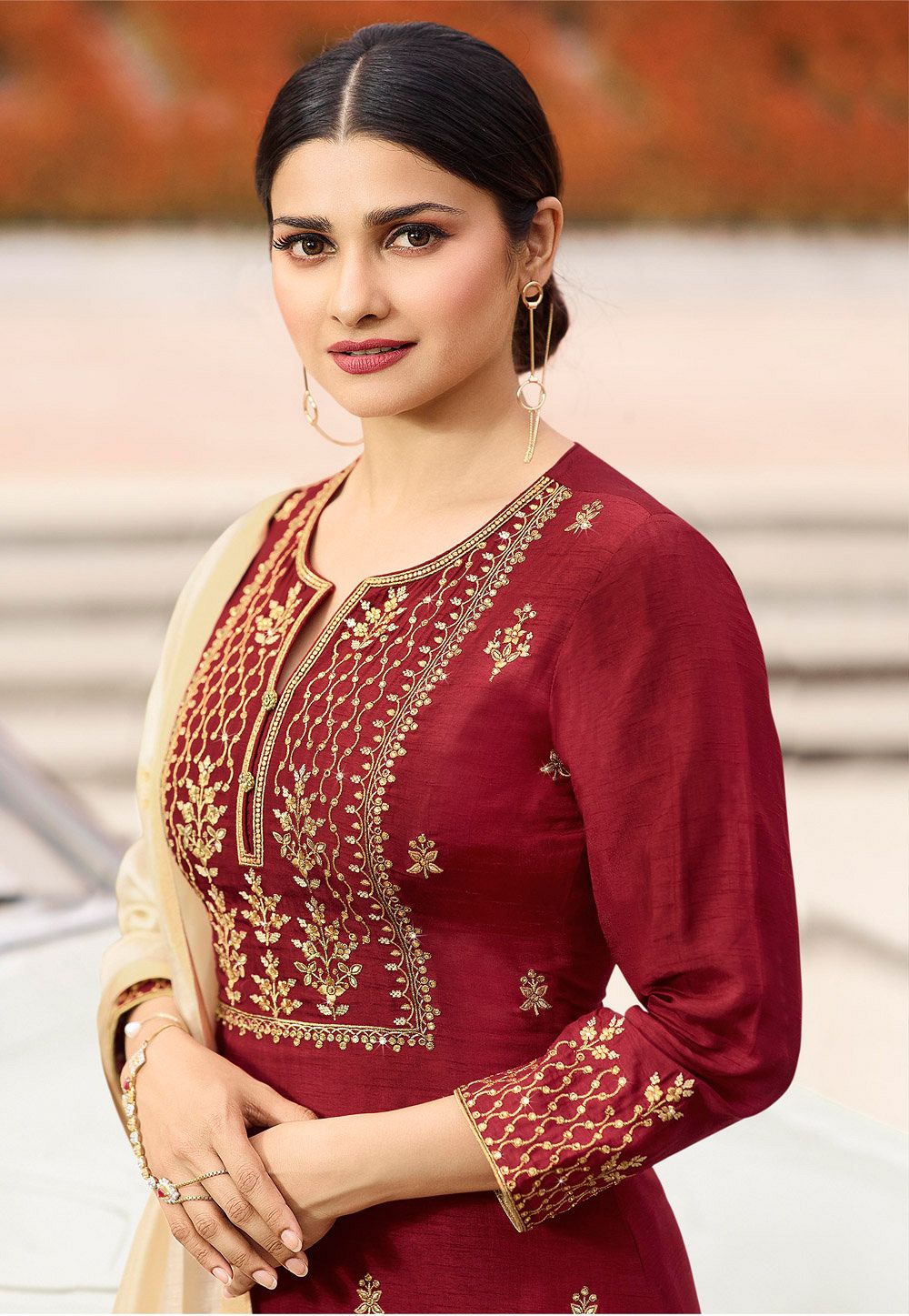 prachi desai maroon silk embroidered trouser style suit 36242