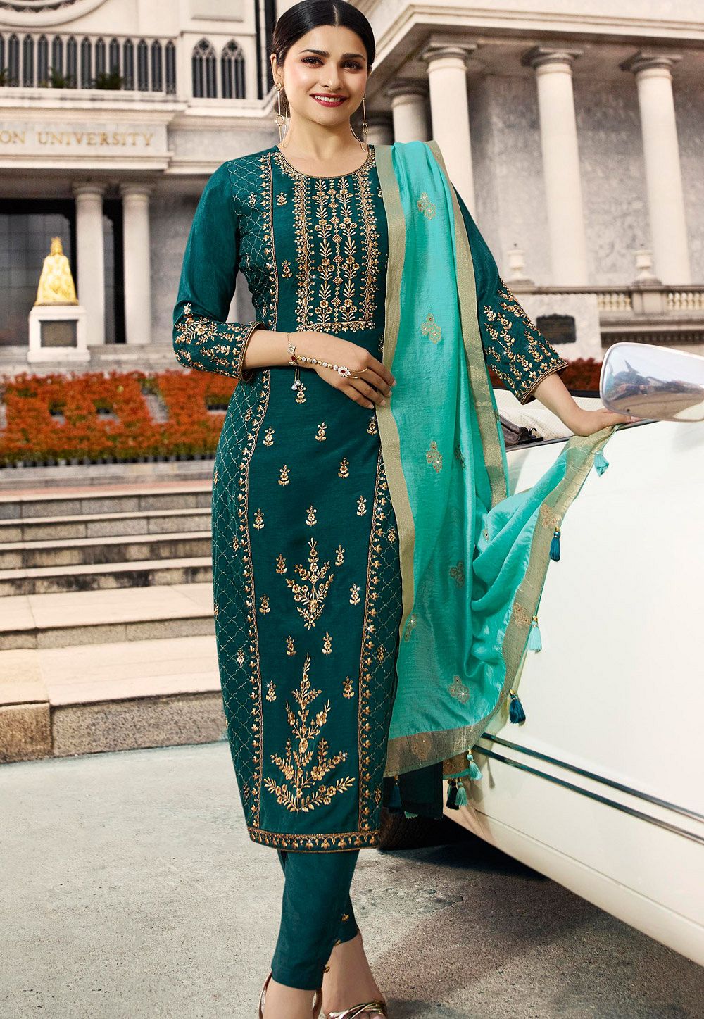 prachi desai turquoise silk embroidered trouser style suit 36241