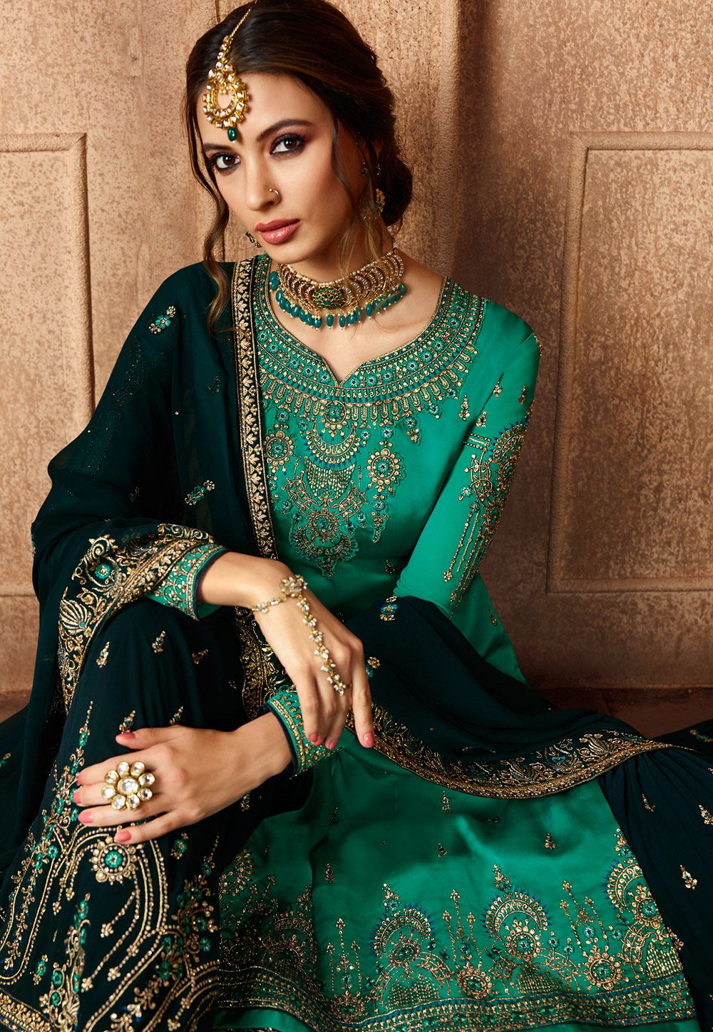 turquoise satin georgette embroidered sharara style pakistani suit 46069