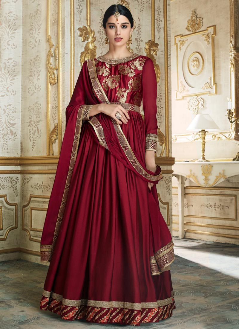 Red color barfi silk wedding wear anarkali 3004