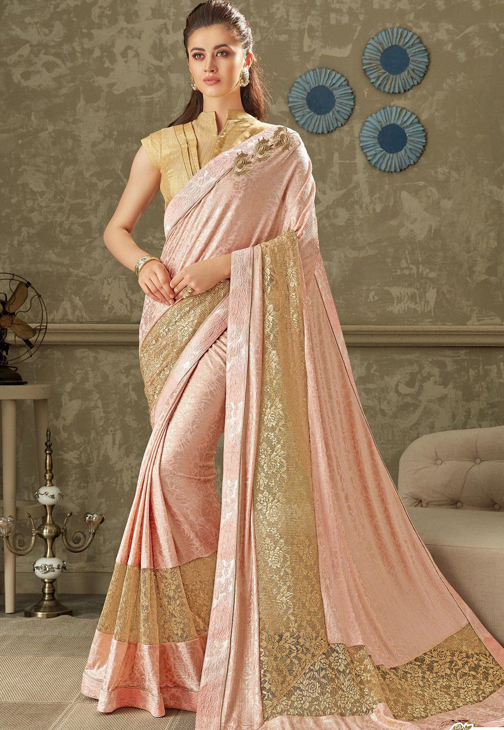 Pink Embroidered Lycra Saree With Brocade Blouse 10720 