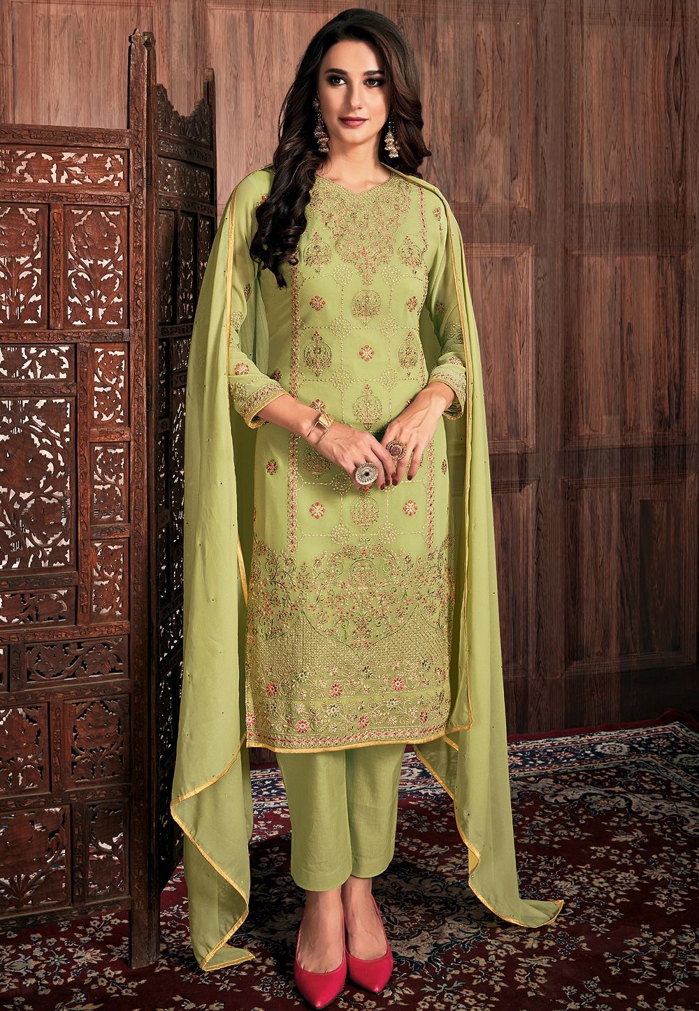 light green georgette straight trouser suit 32004