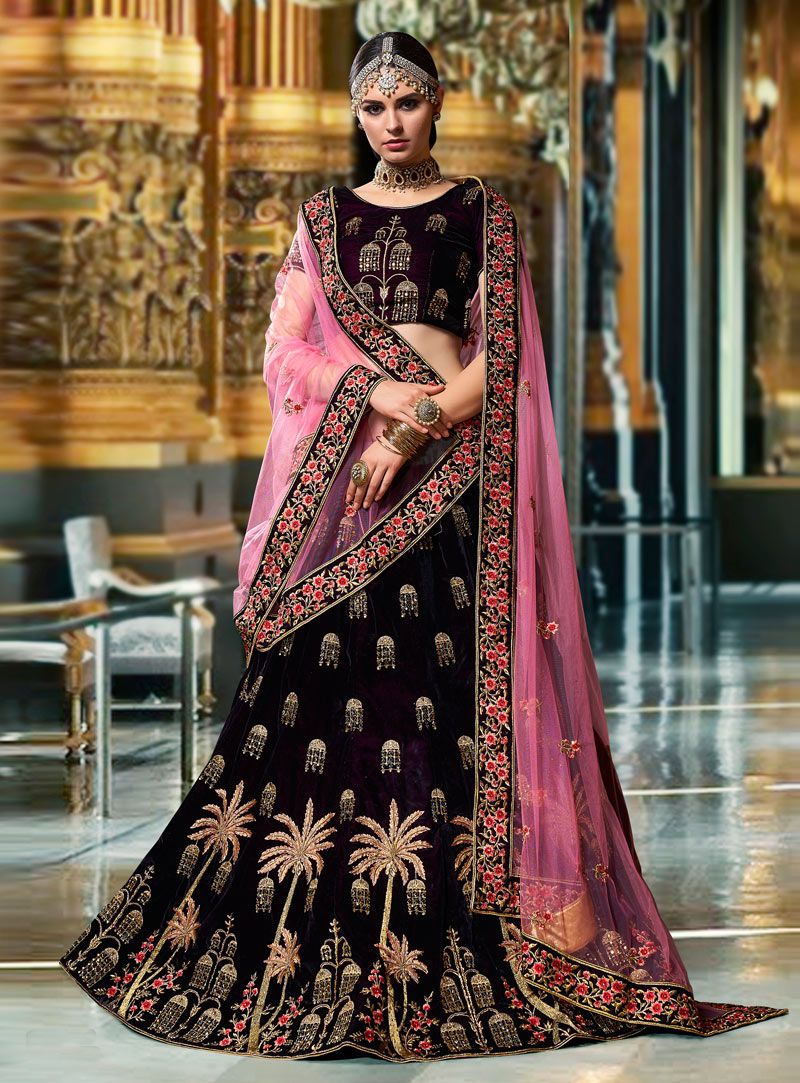 Wine Color Velvet Wedding Lehenga Choli with Heavy Embroidery Work in  Multiple Color in USA, UK, Malaysia, South Africa, Dubai, Singapore