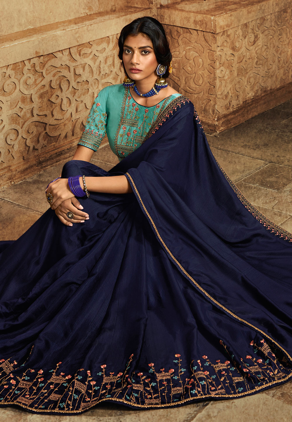 Navy blue Khadi and silk saree - SR15077