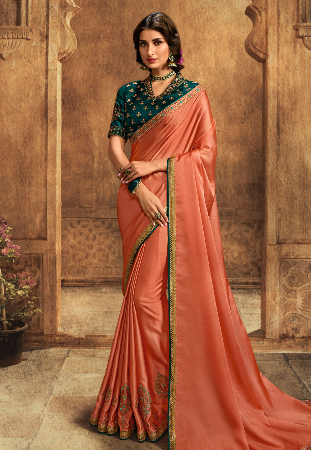 Peach silk party wear saree 102