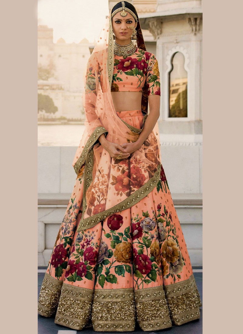 Bollywood Sabyasachi Inspired Peach color Fine art silk bridal lehenga choli