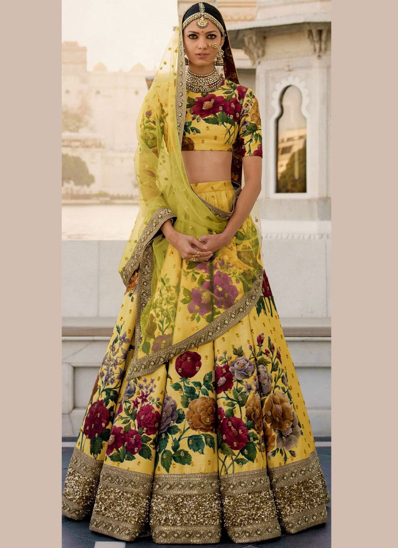 Buy Bollywood Sabyasachi Inspired Yellow color Fine art silk