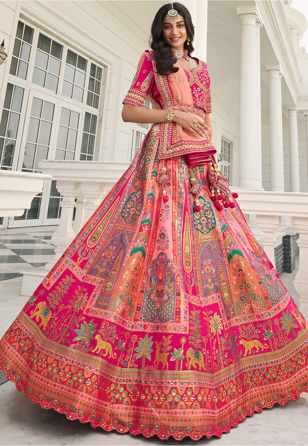 woven art silk jacquard heavy wedding lehenga pink 1027